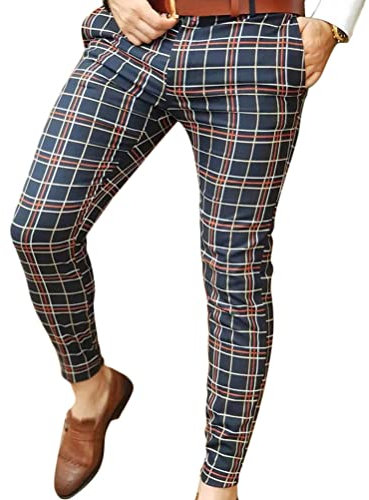 ORANDESIGNE Hommes Chino Pantalon à Carreaux Slim Fit Rayé Mode Casual Élastique Pantalon Business Pantalon Coupe Ajustée Pantalon Décontracté Pantalon d'affaires F Bleu Foncé XS