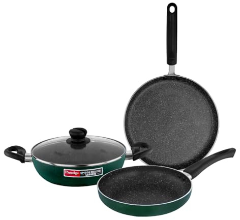Prestige Omega Deluxe Granite Induction Base 3 Pc Cookware Set (Omni Tawa 25 cm, Fry Pan 24 cm, Kadai with Glass Lid 24 cm), Moss Green