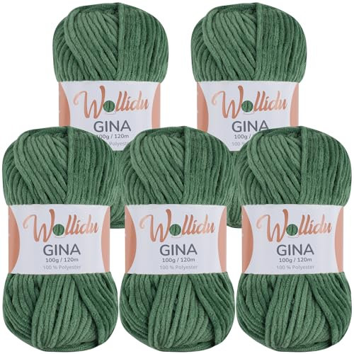 Wollidu Gina Chenille Garn zum Stricken und Häkeln 5 x 100g/120m Set 100% Polyester - Grün