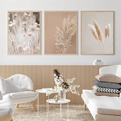 LPFNSF Lot de 3 peintures sur toile - Motif floral moderne - Décoration murale - Style bohème - Beige - Nature - Herbe de la pampa - Sans cadre - 40 x 60 cm x 3