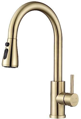 DAYONE Gebürstetes Gold Küchenarmatur mit Ausziehbare Brause, SUS304 Edelstahl Hochdruck Wasserhahn Küche, Mischbatterie Küche mit 3 Funktionen, 360° Drehbar Spültischarmatur Küche