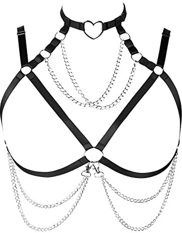 PETMHS Punk Brust Harness BH Body Chain für Damen Truhe Kette Schwarz Gothic Halsband Ketten Riemchen Geschirr BHs Körperschmuck Clubwear Mode Belly Belts (Schwarzes Silber O290)
