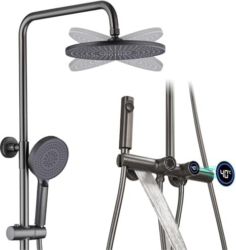 Duschsystem mit Thermostat, LED-Digitalanzeige, Wandmontage, Regendusche mit Handbrause, Wasserfall-Badewannenarmatur, höhenverstellbar (Grau)
