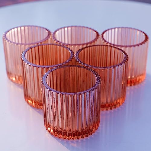 Vohocandle Rosa Teelicht-Kerzenhalter 6er-Set, Vintage-Teelichter, Kerzenhalter, Großpackung für Hochzeit, Party, Heimdekoration, Glas-Kerzenhalter für Tischdekoration(Rosa, 7 cm x 6,5 cm)