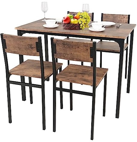PULUOMIS Dining Table and Chairs Set 4, Breakfast Dining Table and 4 Chairs 5 Piece Dining Room Set, Modern Design for Kitchen Home Bistro Patio Garden, Brown
