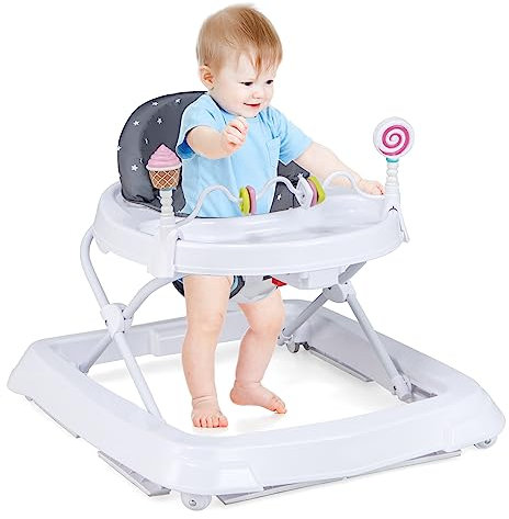 DREAMADE Lauflernhilfe Höhenverstellbar, Faltbarer Lauflernwagen mit Abnehmbarem Sitz & Spielzeugen, Gehhilfe Baby ab 6 Monate, Gefrei Mädchen & Junge bis 13,5kg (Grau)