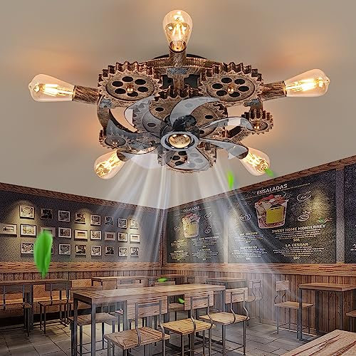 HUEOCZW 20 Retro Industrial Steampunk Ceiling Fans with Lights and Remote,Low Profile Flush Mount Bladeless Ceiling Fan with Light,Nautical Style 6 Speeds for Bedroom Kitchen Island Bar Cafe