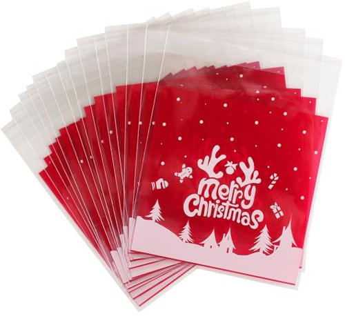 COLOFALLA 100 Stück Weihnachten Cellophantüten Plastictüten Klein Selbstklebend Zellophantüten Tüten Weihnachten Kekstüten Transparent für Süßigkeiten Bonbon (C)