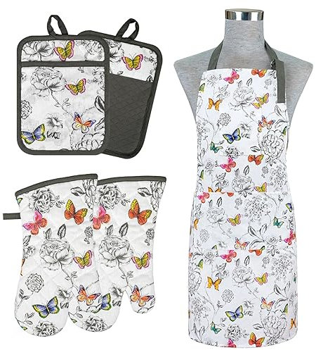 Alselo Oven Mitts and Pot Holders with Chaf Apron,Set of 5 Heat Resistant Kitchen Gloves and Silicone Non-Slip Potholders Adjustable Neck Buckle Apron, Cotton Nice Design for Cooking (Butterfly)