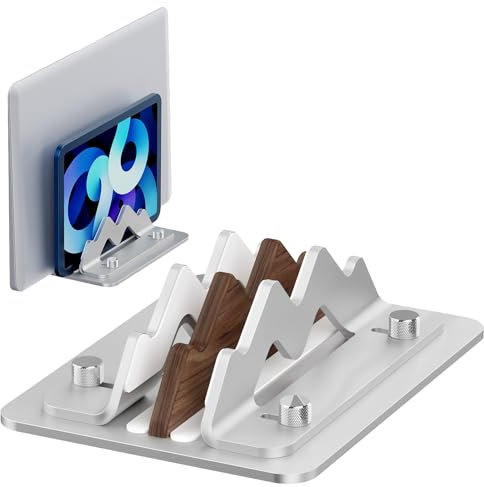 Walnut Wooden Notebook/ipad Tablet Computer+Aluminum Vertical Laptop Stand Dock Holder, Adjustable Slot Width (Two Groove Type)