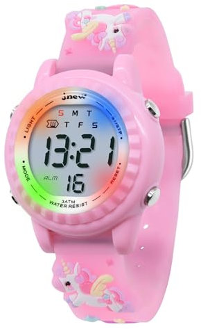 HMJIA 3D Cartoon Design Armbanduhr für Kinder Jungen und Mädchen 3ATM Wasserdicht Kinderuhr mit Wecker/Datum/Stoppuhr/LED (LED Einhorn Rosa)