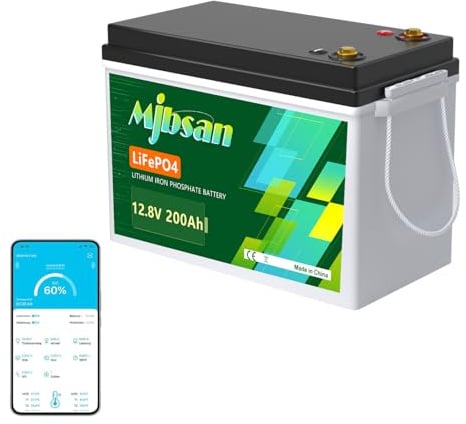 Mjbsan Mini LiFePO4, batteria da 12 V, 200 Ah, 200 A, BMS, batteria al litio da 2560 Wh, 8000 cicli, ideale per camper, trailer, barca e campeggio
