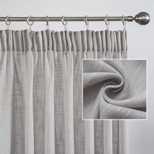 MYSKY HOME Vorhänge Kurz Leinenoptik Gardine Wohnzimmer mit Kräuselband Halbtransparent Vorhang 2er Set H 160 x B 140 cm Natürlicher Stil Gardinen Halbtransparent Linen Curtains, Hellgrau