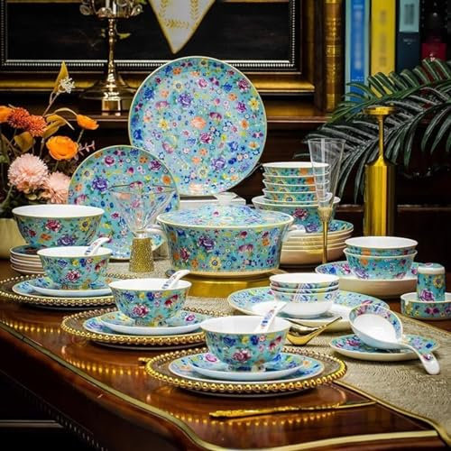 Service de table chinois haut de gamme en porcelaine, 68 pièces, assiettes, vaisselle de luxe, bol de nourriture, plats à Sushi, baguettes, cuillères(C)