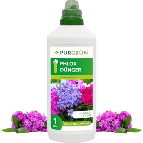 Purgrün® Phlox-Dünger 1 Liter – Organisch-mineralische Rezeptur – Premium-Flüssigdünger mit Spurennährstoffen – NPK 8+8+6 – Mit Guano & Aqua Plus – Für ein farbenfrohes Blütenmeer
