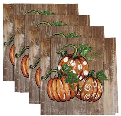 Artoid Mode Planken Kürbisse Blätter Herbst Stoffservietten 4er Set, 45x45cm Saisonnal Fall Küche Dekoration Abendessen Cafe Feiern Dekor