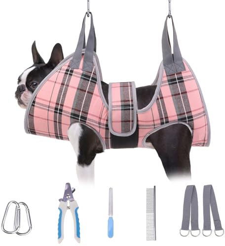 BEAUTYZOO Dog Grooming Hammock for Small Dogs Cat- Dog Sling for Nail Trimming/Clipping- Dog Hanging Harness Holder with Thick Fabric Neck Support & Strap Restraint Claw Care, Pink S