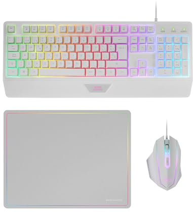 Mars Gaming MCP124, Combo Gaming 3en1, Teclado Ergonómico H-Mech LED RGB, Ratón RGB 3200DPI Switches HUANO, Alfombrilla Nanotextil 360x260mm, Compatibilidad Multiplataforma, Layout Portugués, Blanco