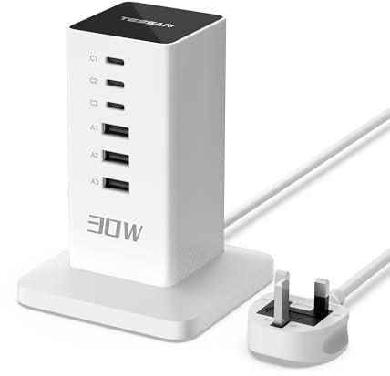 TESSAN USB C Charger Plug, 30W USB Charging Station for Multiple Devices, 6-Port Charging Hub with 1.5m Extension Cord, Multi Charger Block for Smartphones, Tablets