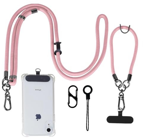 kedelux Phone Lanyard Crossbody, Adjustable 1x Cell Phone Neck Strap 1 x Wrist Strap, Anti Theft Universal Nylon Phone Chain for iPhone Samsung, Pink