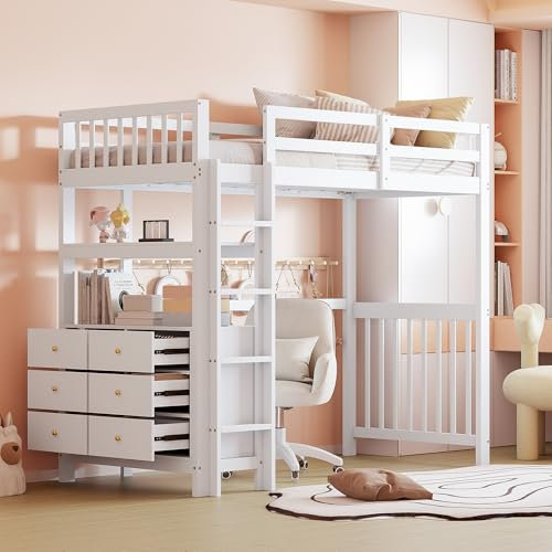 KecDuey Cama Alta 90 x 200 cm Infantil Con Escalera de Seguridad Vertical, Cajones y Estantes, Diseño de Valla Alta, Somier de Láminas, de Madera de Pino, Individual