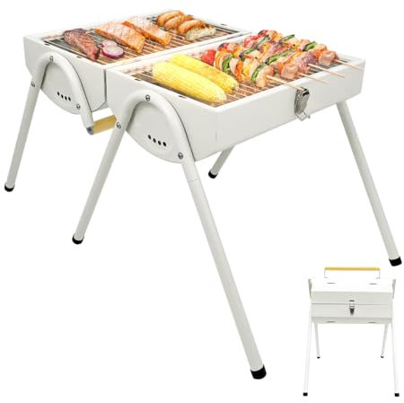 paxlloonge Holzkohlegrills, Upgraded Tragbarer BBQ Grill, Doppelseitig Holzkohlegrill Geeignet für 4-6 Personen mit Griff Outdoor Grill, Weiß Kleiner Campinggrill für Outdoor Wandern Picknick