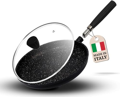 pentolpress Granit Flache Pfanne (24 cm Durchmesser) – Pfanne Induktion – super kratzfeste Induktionspfanne – Antihaft Bratpfanne made in Italy – Pfannen mit abnehmbarem Griff