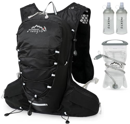 INOXTO Zaino da Corsa 5L - Leggero Zaino Idratazione con Strisce Riflettenti,Rete Traspirante per Outdoor, Maratona, Ciclismo, Alpinismo, Uomoe Donna (Nero Borsa d'acqua da 1,5 litri)