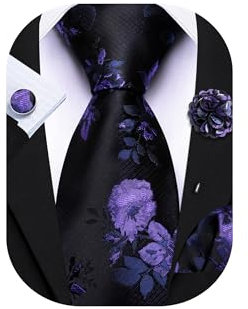 Barry.Wang Krawatte mit Blumenmotiv für Herren, Seidenkrawatte, Einstecktuch, Manschettenknöpfe, Set, formelle Hochzeit, Party, Business, Violett / Schwarz, Einheitsgröße