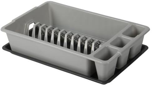 Jolie Max Small Plastic Dish Drainer Rack with Removable Drip Tray – Compact Kitchen Counter Rack with Cutlery Holder, Holds Up to 11 Plates, 42 x 26 x 10 cm (GREY)
