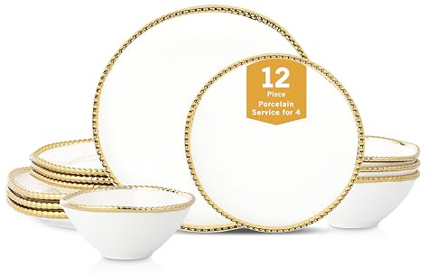 Christian Siriano Akoya - Juego de vajilla de porcelana, 12 piezas, juego de platos para 4, juego de platos y cuencos, blanco y dorado
