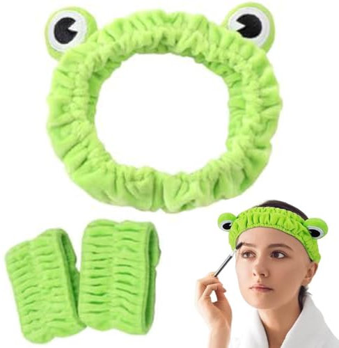 AFCJLTO 3 Pcs Bandeau Spa Poignets de Lavage, Bandeau Maquillage, Bandeau de Lavage pour Visage Grenouille, Bandeau Facial Spa Serre-tête Élastique pour Filles et Femmes,Vert