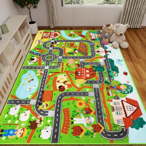 AKUNRUG Kinderteppich Autoteppich für Spielzeugautos 200×150 CM, Bauernhofleben, Straßenverkehr für Spielzimmer, Kinderauto-Straßenteppich Dorfkarte Spielmatte Spielteppich für Kleinkinder Bauernmarkt