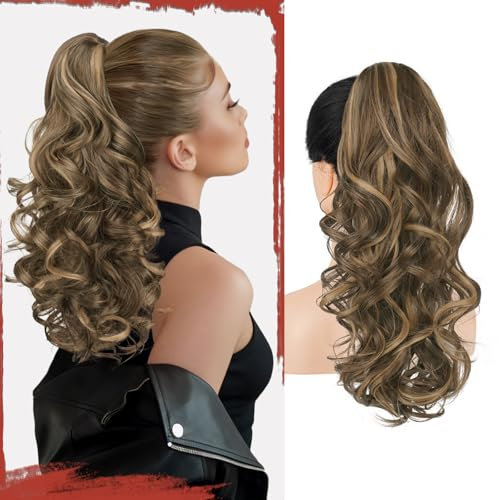 Sofeiyan Pferdeschwanz Haarteil mit Klammer, Lange Wellig Lockig Zopf Extension Claw Clip in Ponytail Extension Synthetik Haarverlängerung für Damen, 43 cm Honigblond gemischt Hellbraun