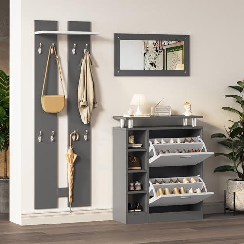 Oslghy Garderobenset Wandgarderobe, Garderoben Set mit Spiegel, Schuhbank und Wandpaneelen, Flurgarderobe Set mit Regalwand und Schuhschrank, Flurtrockenständer, Flurmöbel (Grau)
