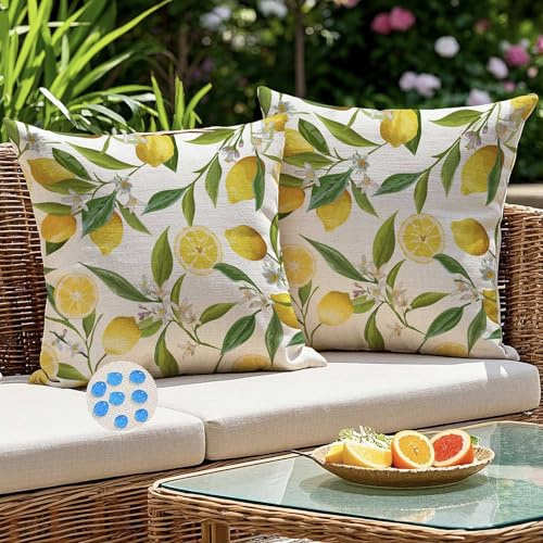 Kiatuniya Federe Cuscini Divano 45x45 Esterno Impermeabili Limone Giallo all'Aperto Copricuscini Primaverili Estate Quadrati Federe per Cuscino Decorativi Moderni per Giardino Balcone Letto Set di 2