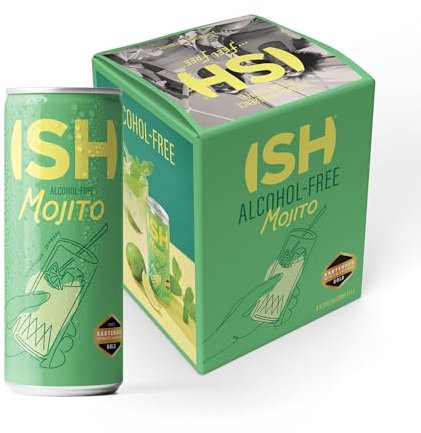 ISH - Mojito sin Alcohol 4 Latas x 250 ml, Cocktail Clásico de Gran Sabor, Menta Fresca y Lima Ácida, Producto Vegano sin Gluten, Destilación Única con Cáscaras de Semillas de Chile, Fácil de Tomar