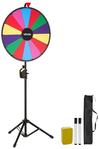 VEVOR Roue de loterie 610 mm, Roue de la Fortune rotative à 14 emplacements avec trépied, Hauteur réglable, Roulette de Fortune avec effaçable à Sec et 2 marqueurs, 6 Couleurs, pour fête, pub, Salon