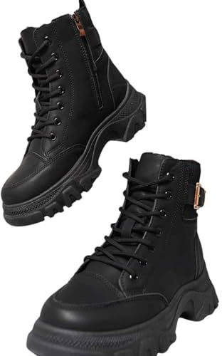 iKrush Faux Leather Beige Chunky Lace Up Platform Ankle Boots with Faux Fur Lining