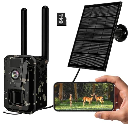 Wildlife Camera Night Vision Motion Activated 2K HD Solar Trail Camera | Garden Wildlife Monitoring, 64GB TF Card 5200mAh Battery, 3W Solar Panel, 100m WiFi IP66 Waterproof
