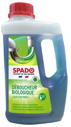 SPADO - Déboucheur biologique - Débouche, nettoie et désodorise - Elimine bouchons, saletés et odeurs - compatible fosses septiques et bacs à graisse - Sans soude ni acide - 1L - Fabriqué en France