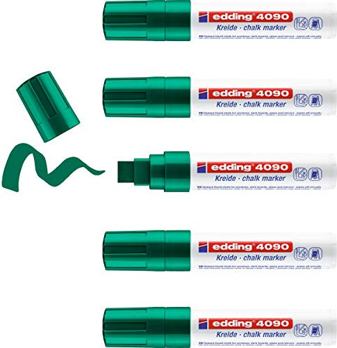 edding 4090 marcador de tiza - verde - 5 rotuladores de tiza - punta biselada 4-15 mm - rotuladores para cristal borrables - para pizarras, vidrio y espejos - tiza líquida de cobertura opaca