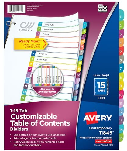 Avery Table of Contents Dividers, 1-15 Tab, Multicolor, 1 Set