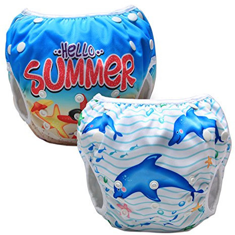 Luxja Riutilizzabile Pannolini da Nuoto (Confezione da 2), Costume Pannolino Lavabili, Impermeabile Pannolino Piscina (0-3 Anni), Delfino + Stella Marina