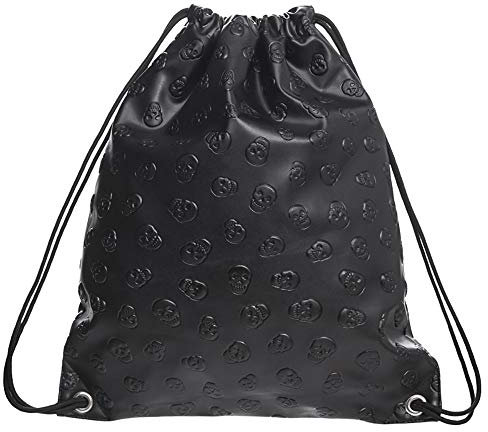 whatUneed Kordelzugbeutel für Mann-Frauen, Lederrucksack Gym Bag Rucksack Gymsack Outdoor Travel Sports Sackpack für Erwachsene (Schädelkopf schwarz)