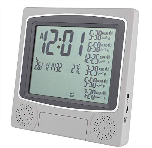 Azan Uhr, muslimischer Gebetsalarm, Zeit/Datum/Temperatur/mohammedanischer Kalender/gregorianischer Kalender Gebetstimer Digitale Tischuhr, Gebetsuhr für Zuhause, Büro, Schule, Krankenhaus