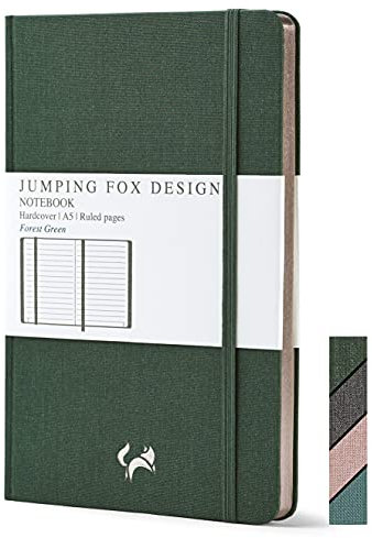 Jumping Fox Design Liniertes Notizbuch aus Leinenstoff, A5, liniert, Hardcover, liniert, Größe M, 14,2 x 21,3 cm, 100 g/m², hochwertiges Papier, nummerierte Seiten, Innentasche, Waldgrün