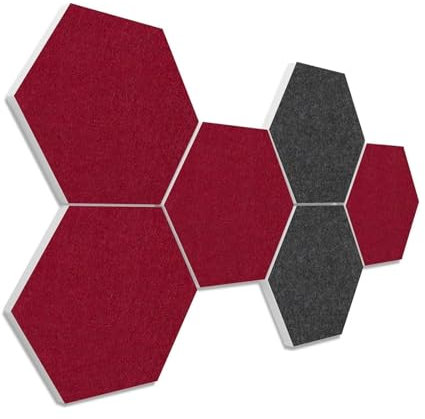 platino24 Akustikpaneele 6 Elemente Colore Waben Ø 30 cm Anthrazit + Bordeaux I Schallabsorber aus Basotect G+ mit Akustikfilz I Schalldämmung Wand & Decke I Akustikelemente Wandpaneel