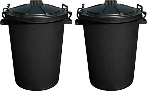 JMS we create smile 50 Litre 50L Large Heavy Duty Plastic Bin Dustbin Storage Unit with Locking Lid for Home Garden Rubbish Waste Animal Feed (2, Black Bin)