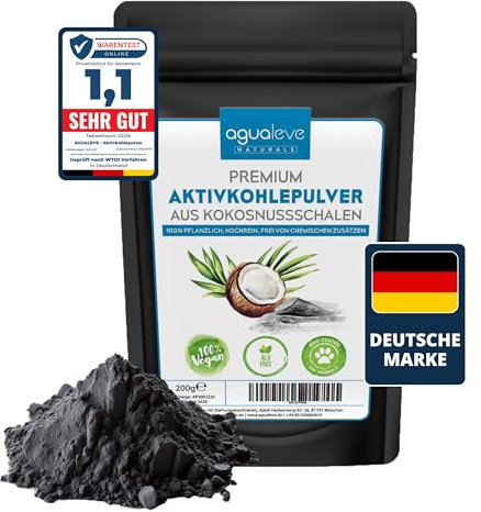 AGUALEVE® Premium Aktivkohle Pulver 200g aus Kokosnussschalen - die Nr. 1 - lässt sich perfekt verarbeiten, in Bad, Küche und Garten - 100% natürlich, frei von chemischen Zusätzen, vegan